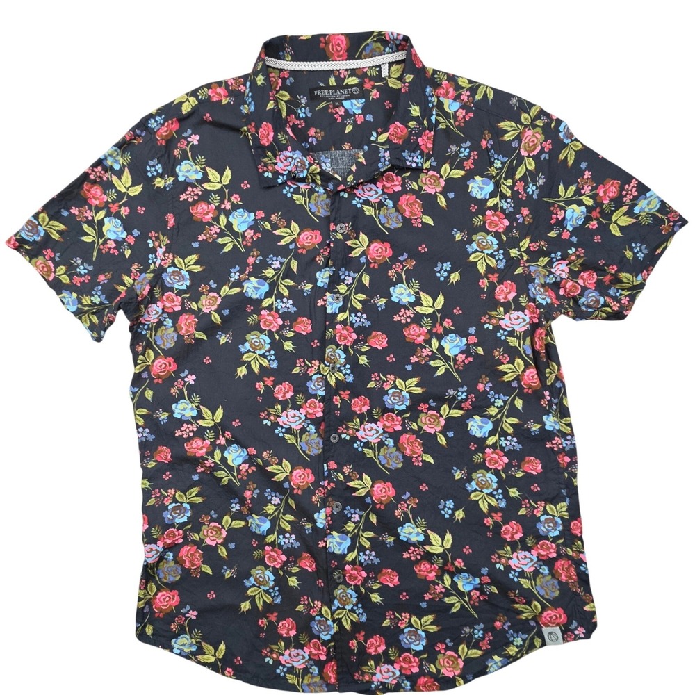 Roses Floral Button Up Black Cotton Modal Short Sleeve Shirt Mens XL Free Planet